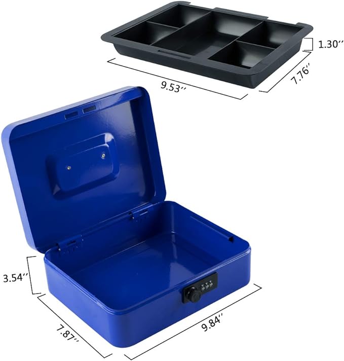 KYODOLED Large Cash Box with Combination Lock,Safe Metal Box for Money, Storage Lock Box with Money Tray,9.84"x 7.87"x 3.54" Blue Large - Image 3