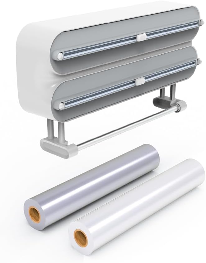 Magnetic Wrap Dispenser with Cutter - 3-in-1 Kitchen Organization and Storage for Plastic Wrap, Aluminum Foil & Paper Towel Holder | Strong Magnet Fridge & Wall Mount (Includes Wrap & Foil) - Image 2