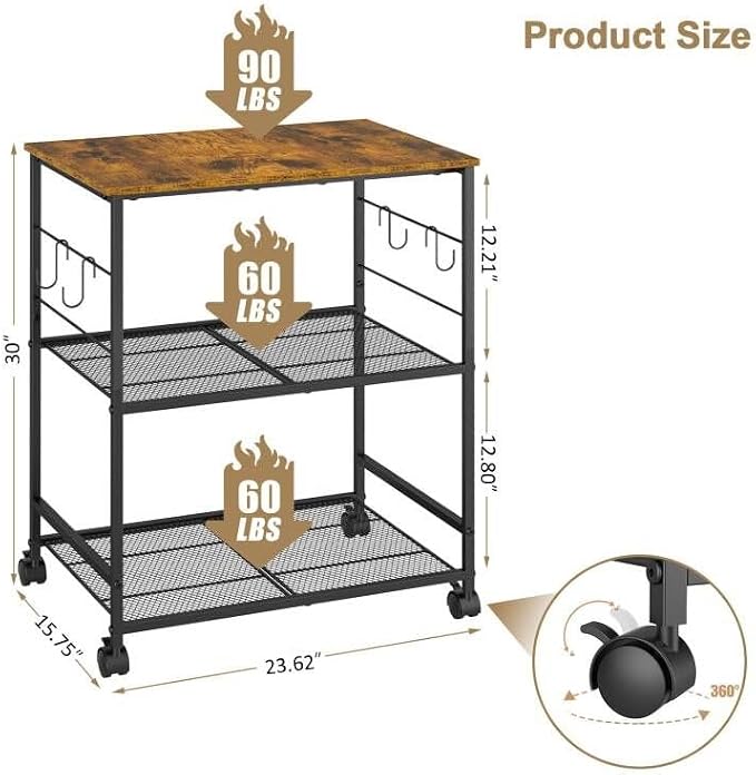 ThreeHio Rolling Kitchen Microwave Cart, 3 Tier Microwave Table Stand with Storage, Kitchen Utility Cart on Lockable Wheels, Small Coffee Cart Shelf Rack Organizer for Living Room Office, Balcony - Image 3