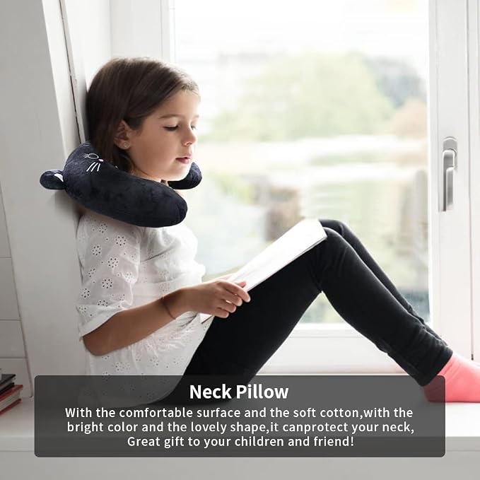 Travel Pillow for Kids, Cute Animal Neck Pillow Support U Shaped Cushion Plush Soft Rest Reading Pillows Sleeping Pillows for Airplane Train Car (Color:Black cat) - Image 7