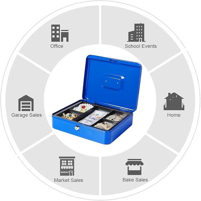 Jssmst Large Cash Box with Key Lock - Durable Metal Cash Box with Money Tray, 11.81 x 9.84 x 3.46 inches (X-Large, Blue) - Image 6