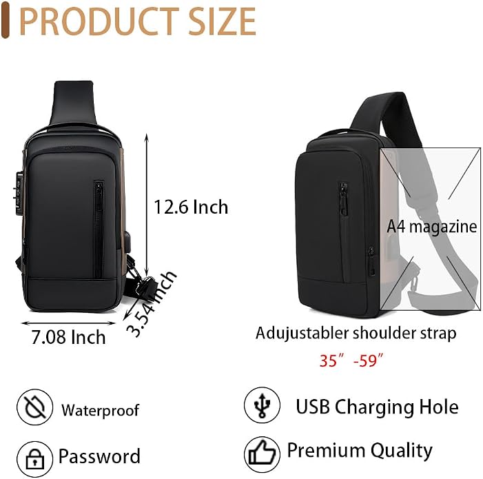 Travel Sling Bag Waterproof Crossbody Bag with Combination Lock Anti-Theft PU Leather Chest Bag - Image 2