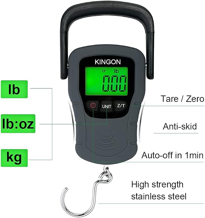 Digital Hanging Luggage Scale with Comfortable Handle and Large Hook, 110lb/50kg, Backlit Portable Scale for Travel Fishing with Tare/Hold Function, AAA Batteries Included, Grey - Image 5