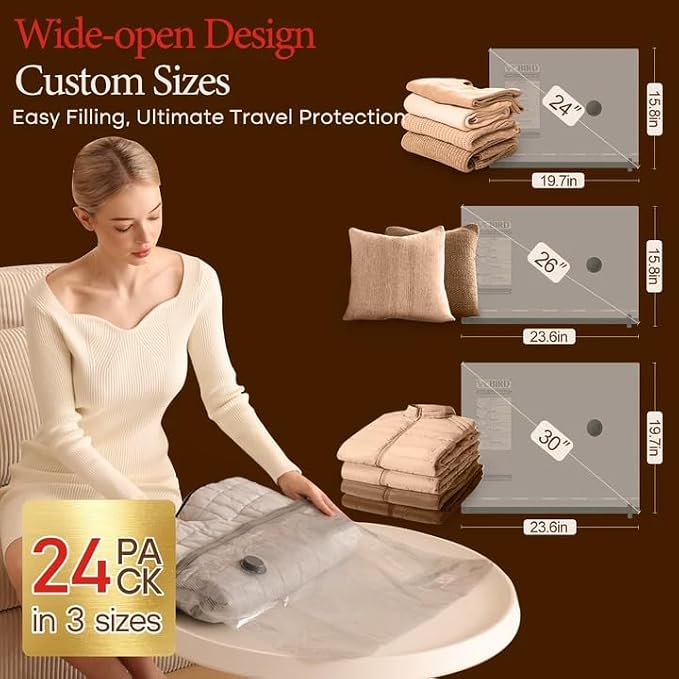 Vacbird Travel Vacuum Bags with Pump, Carry-On Luggage Space Saver | See Contents Easily with Transparent Bags, 1500mAh Pump Compresses 90+ Bags, Carry-On Size for Easy Travel Packing - Image 3