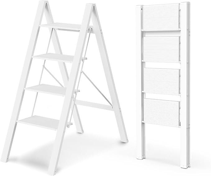 4 Step Ladder, Foldable Step Stool, 300lbs Load, White | Folded 43''H x 2''T; Net 9.9 lbs; Rigid Aluminum Steps; No Assembly; For Home, Kitchen, Office, Pantry, Closets, Cabinets by WOAWOAHOME