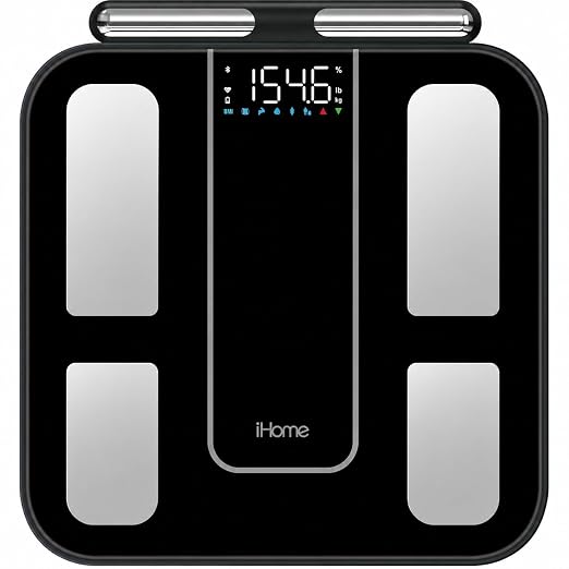 iHome 8 Electrode Smart Scale for Body Weight — Smart Scale with BMI, Body Fat, Muscle Mass, 56 Composition Metrics, Heart Rate, Bluetooth, 397lb by iHome