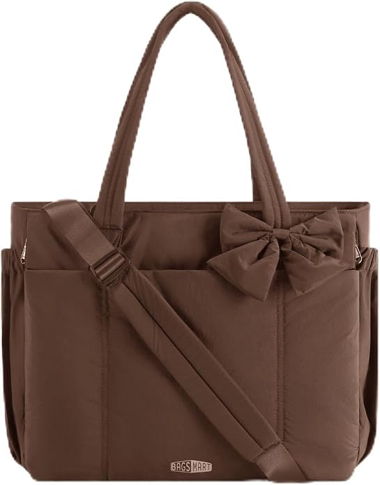 BAGSMART Crush Bow Tote Bag for Women, Puffer Travel Work Yoga Laptop Bag | Large Bow Tote Fits 40oz Tumbler, 15.6" Laptop, Yoga Mat Sleeve, Waterproof Pocket, Travel Work Swim Gym Mom Shoulder Handbag by BAGSMART