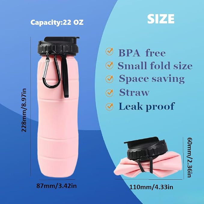 Collapsible Water Bottles 22oz with Straw 2Pack Travel (Pink+Light grey) | 650ml Silicone,Foldable Portable,Leakproof,Ultra-light，BPA Free,for Traveling Camping Hiking Cycling Sports Outdoor - Image 3