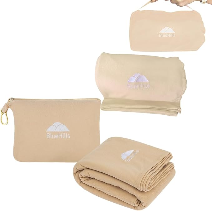 BlueHills Ultra Compact and Compact Light Travel Blankets for Two Value Pack Set of 2 – Airplane Travel Essentials Soft Flight Trips Throw in Portable Cases for Car Plane Travel Gifts – Beige by BlueHills