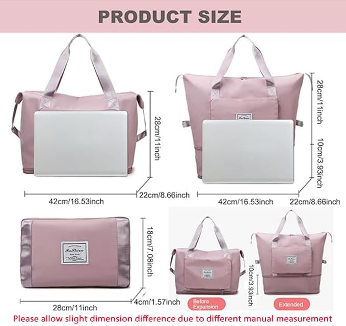 Large Capacity Folding Travel Bag, Lightweight Waterproof Luggage Bag, Expandable Travel Duffel Bag, Dry Wet Separated Gym Tote Bag, Weekender Overnight Bags for Women and Man (Pink) - Image 4