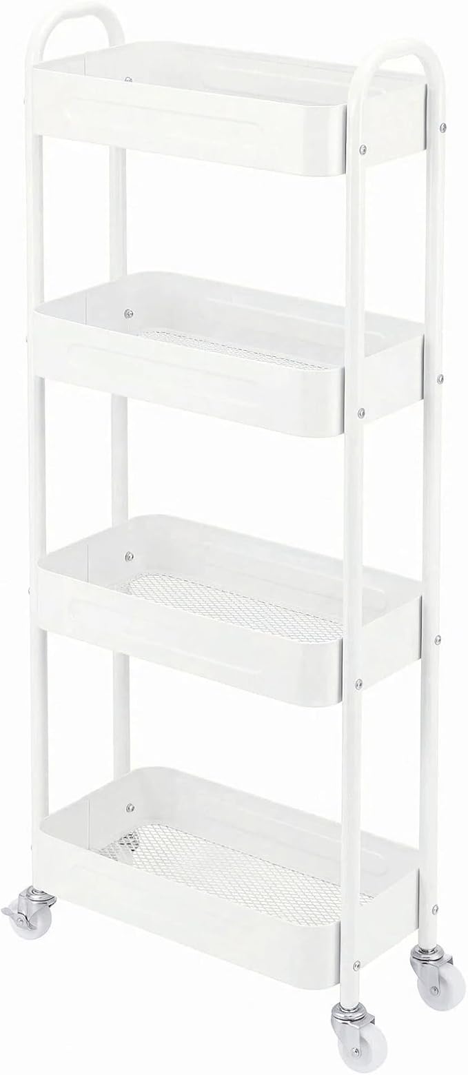 4 Tier Slim Kitchen Storage Cart for Narrow Space, 7.1'' Wide Metal Rolling cart with Wheels and Lockable Casters, Sturdy Mobile Thin Shelf for Laundry Room Between Washer and Dryer, White by LIWNYRK