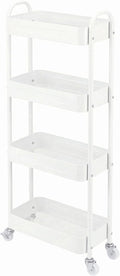 4 Tier Slim Kitchen Storage Cart for Narrow Space, 7.1'' Wide Metal Rolling cart with Wheels and Lockable Casters, Sturdy Mobile Thin Shelf for Laundry Room Between Washer and Dryer, White by LIWNYRK