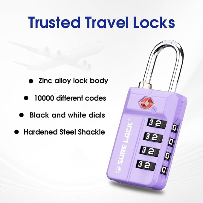 SURE LOCK TSA-Approved 4-Digit Resettable Combination Luggage Lock with Open Alert, Easy-Read Dials - for Luggage, School Lockers, Gym, Office, Toolbox & Security Cases (Purple 2 Pack) - Image 6