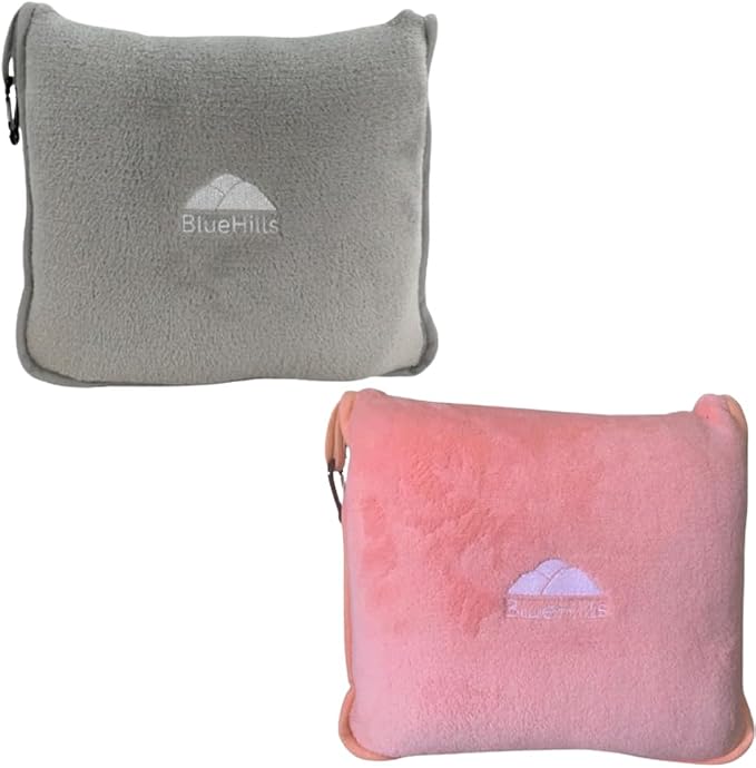 BlueHills Travel Blanket Pillows for Two Airplane Traveling Essentials Flight Throws in Bag case with Backpack Clip Compact Large Plane Accessories – Light Gray and Light Pink by BlueHills