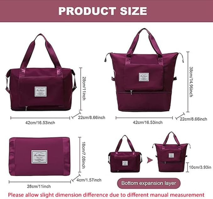 Large Capacity Folding Travel Bag, Lightweight Waterproof Luggage Bag, Expandable Travel Duffel Bag, Dry Wet Separated Gym Tote Bag, Weekender Overnight Bags for Women and Man (Fuchsia) - Image 4