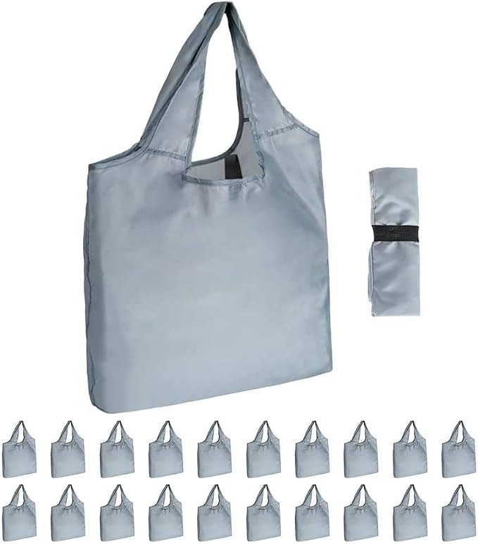 Aricsen 15x4.5x15 Inch Grey Reusable Shopping Bags with Handles, 20 Pack | Polyster Fabric Cloth Grocery Bags, Foldable Pocket Tote, Xlarge, Durable, Machine Washable, for grocery, storage, gifts by Aricsen
