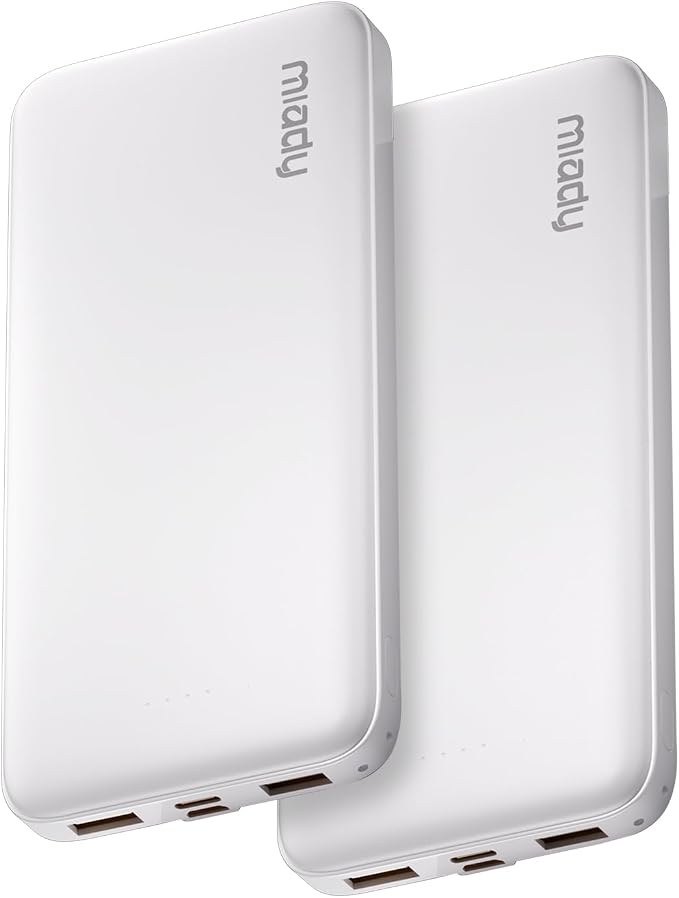 Miady 2-Pack Portable Charger, Slim 10000mAh Power Bank Travel Battery Pack | Dual USB丨3 Outputs 2 Inputs丨for Backpack Travel Camping丨Slim丨Compatible with iPhone Android etc丨Flight-Safe丨37Wh丨White+White by Miady
