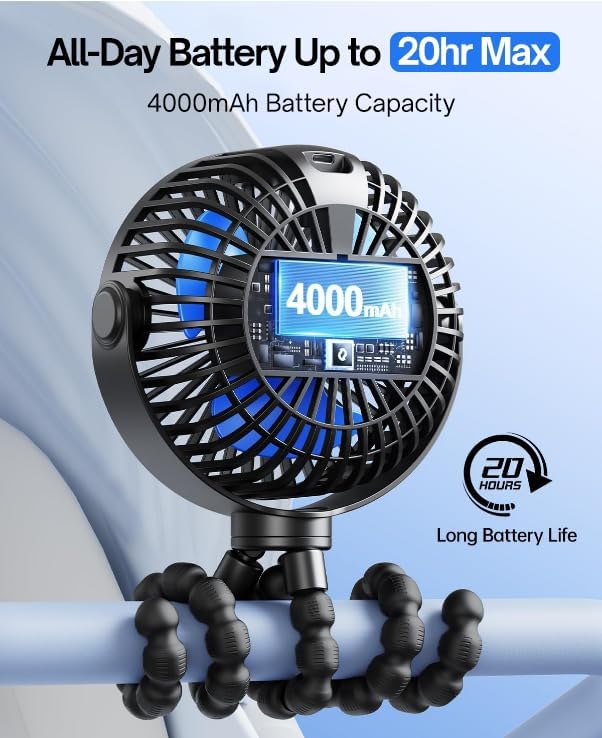 SWEETFULL 4000mAh Portable Stroller Fan with LED Display, 4 Speed Rechargeable Mini Clip On Fan, 360° Rotate Flexible Tripod Better Cooling Small Baby Fan for Car Seat Crib Travel Treadmill - Image 2
