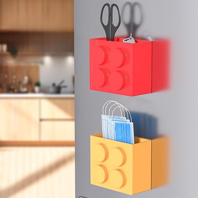 Magnetic Basket Organizer for Fridge - Lego-Style ABS Plastic Storage Box, No Drill Design for Kitchen Counter, Microwave & Whiteboard, Holds Up to 3.5 lbs (Red) - Image 6