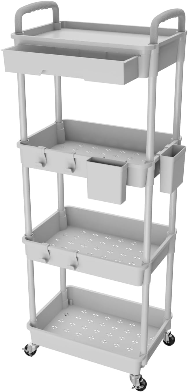 4 Tier Rolling Utility Cart with Drawer,REBECAT Utility Cart Made of Multifunctional Storage Organizer Tool for Kitchen,Bathroom,Living Room,Office(Gray) by REBECAT