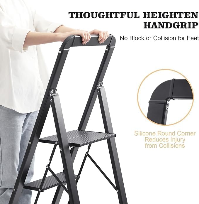 KINGRACK Aluminium 5 Step Ladder, Lightweight Step Stool with Non-Slip Pedals, Handrail, Folding Step Ladder for Kitchen, Garage, Home, Space Saving, Sturdy and Portable, Black - Image 3