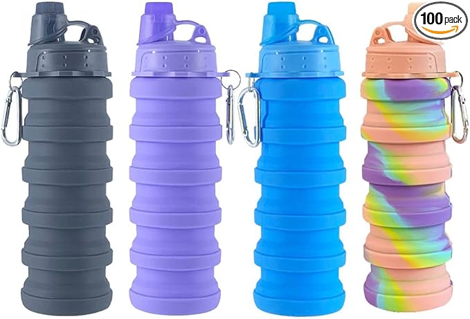 Collapsible Water Bottles 4 pack 500ML (Black+Purple+Blue+Pink) | Travel Water Bottle Portable Hiking Water Bottle with Leak proof Reusable BPA Free Silicone Water Bottles. by konlongzan