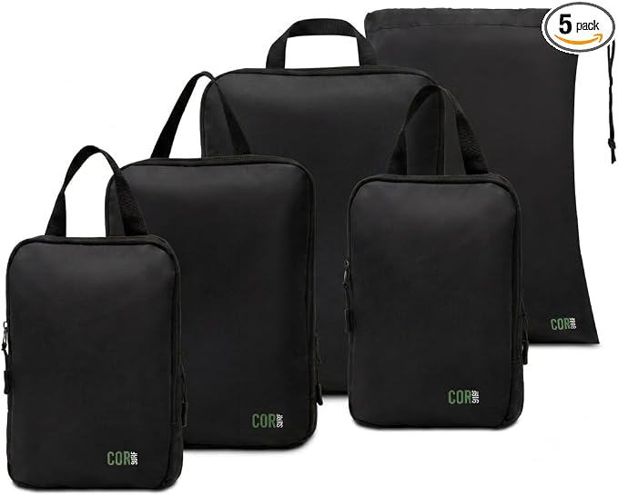 COR Surf Compression Packing Cubes, Laundry & Shoe Bag, 5 Piece Black | 2 Large & 2 Small Cubes, 2-Zipper Compression + Laundry Bag, Tear & Water-Resistant Ripstop, Reinforced Zippers by CORSurf