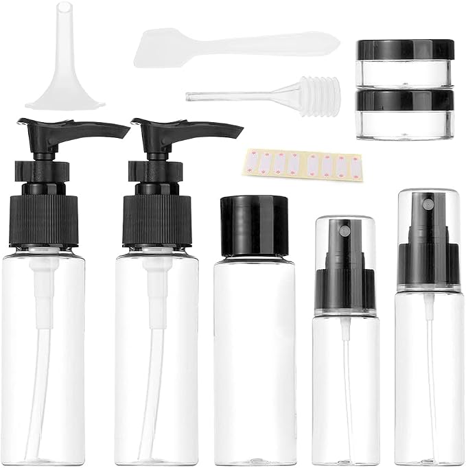 Vitog Travel Bottles Kit, TSA Approved Leak Proof Portable Toiletry Containers Set, Clear flight size PET Cosmetic Containers for Lotion, Shampoo, Cream, Soap, Set of 11 (Black+Plastic) by Vitog