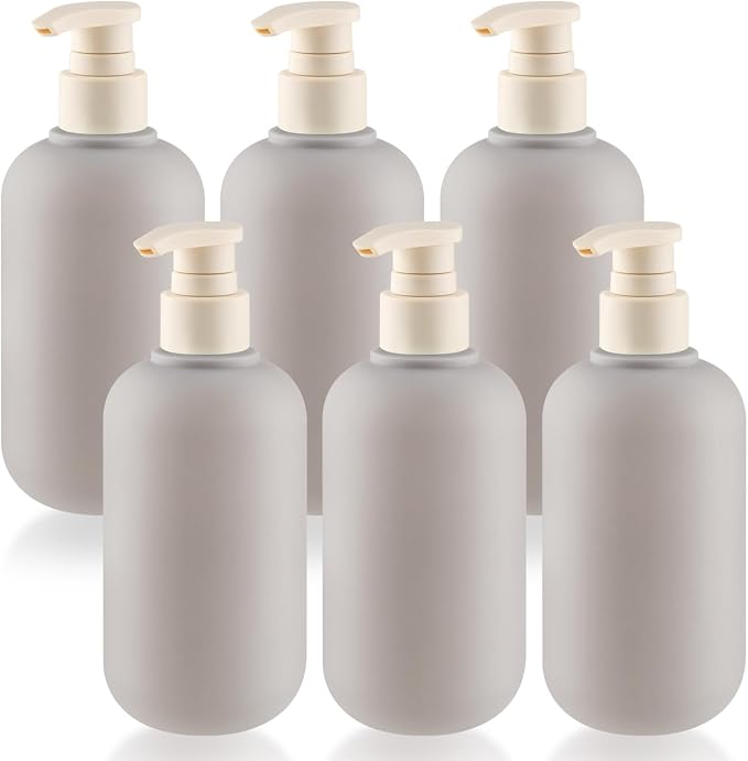 6 Pcs 10 oz Soft Plastic Bottles with Press Pump,Empty Refillable Travel Shampoo Dispenser Container for Hand Soap,Shampoo,Lotion,Body Wash,Conditioner,Silicone Funnel Included (Grey) by DMuuuDM