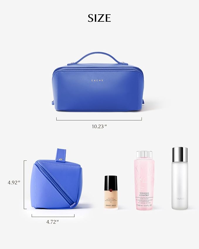 EACHY Travel Makeup Bag for Women, Flat Open Cosmetic Bag, Blue, Large | Flat-open cosmetic organizer with pockets and clear TPU brush compartment for makeup, toiletries and travel essentials - Image 6