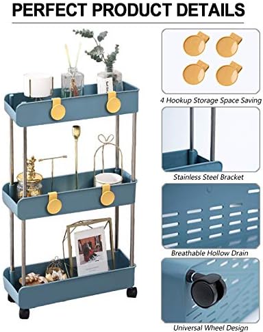 Melody House 3-Tier Slim Mobile Shelving Unit on Wheels, Slide Out Rolling Bathroom Storage Organizer, Utility Carts Shelf Rack for Kitchen Bathroom Laundry Room Narrow Places, Navy Blue - Image 4