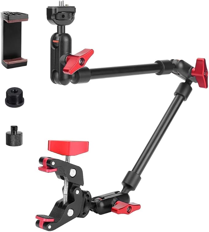 22" Magic Arm w Clamp Mount, Overhead Desk Phone Mount Stand, Adjustable Articulating Friction Camera Boom Arm w 1/4" Thread for Phone Video Light Webcam Action Camera Tripod Mic by JEBUTU