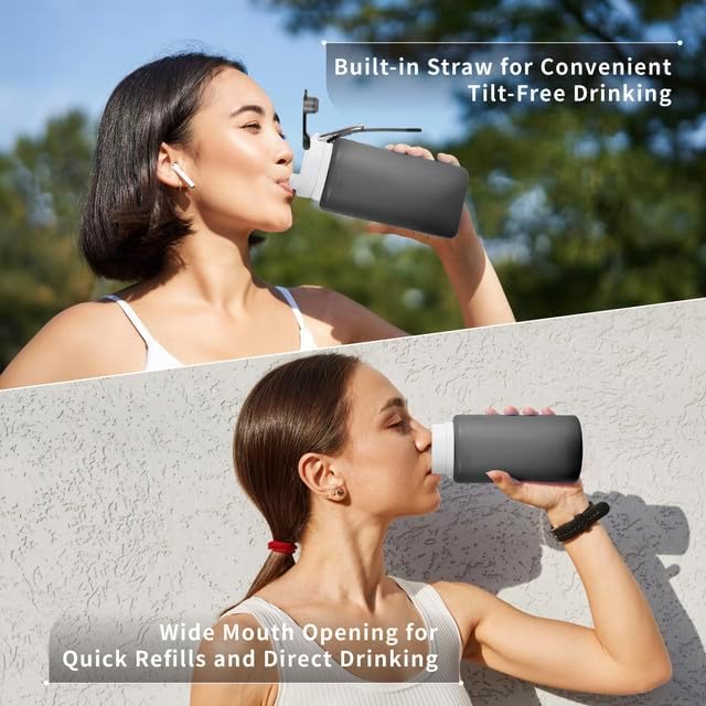 Collapsible Water Bottles 19oz with Spout & Carabiner, Odorless BPA-Free Silicone, Leak-Proof Foldable Reusable Bottle - Perfect for Travel Sports Gym Hiking Camping Cycling - Clear Black - Image 5