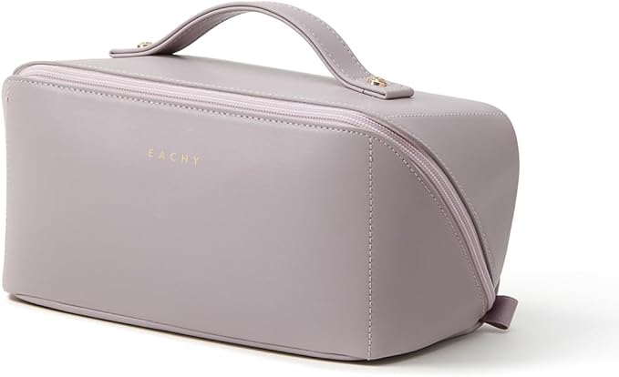 EACHY Travel Makeup Bag for Women, Flat Open Cosmetic Bag, Purple, Medium | Flat-open cosmetic organizer with pockets and clear TPU brush compartment for makeup, toiletries and travel essentials by EACHY