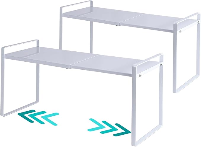 2 Pack Expandable Cabinet Shelf Organizer Riser for Kitchen Pantry Cupboard Under Sink Countertop (2 pack 8.2’’D * 12.2-21.6’’W * 10.4’’H) (white) by LJHFUQHUHU