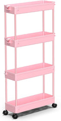 SPACEKEEPER Slim Rolling Storage Cart, 4 Tier Bathroom Cart Organizer, Pink | Narrow Rolling Cart with Wheels for Kitchen Office Bathroom Laundry Room,Mobile Utility Cart for Craft Art Makeup Nail Polish by SPACEKEEPER