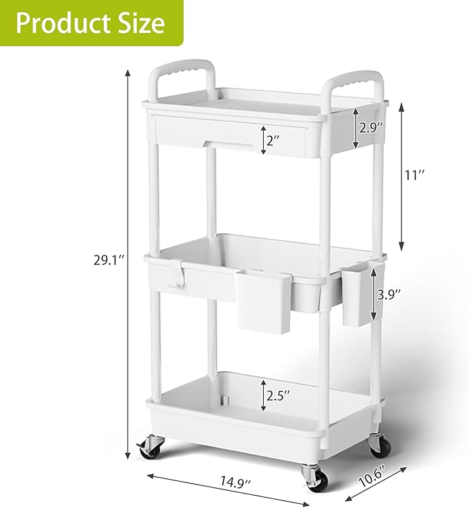 Sorgion 3 Tier Rolling Cart Organizer,Laundry Room Bathroom Organizers and Storage Office Shelves Mobile Shelving Unit Kitchen Trolley Cart with Wheels for Art,Craft,Diaper,Bedside,Snack(White) - Image 3