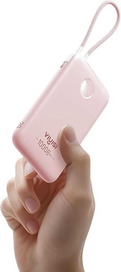 VIYISI 0.58” Slim Portable Charger Small 10000mAh with Built-in USB C Cable | PD 20W Compact Power Bank Fast Charging Battery Pack Cute Travel Essential for iPhone 17 16 15 Samsung S25 A16 Android-Pink by VIYISI