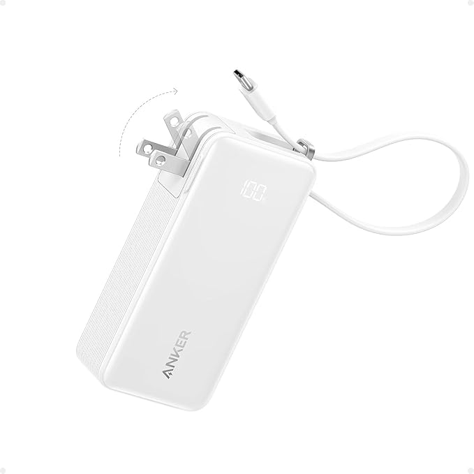 Anker Nano 3-in-1 Portable Charger,10,000mAh 30W Travel Power Bank | Battery Pack with Built-In USB-C Cable and Foldable Wall Plug, for iPhone 17 / 16 / 15 Series (White) by Unknown