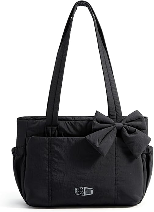 BAGSMART Crush Bow Tote Bag for Women, Puffer Travel Work Yoga Laptop Bag | Large Bow Tote Fits 40oz Tumbler, 15.6" Laptop, Yoga Mat Sleeve, Waterproof Pocket, Travel Work Swim Gym Mom Shoulder Handbag by BAGSMART
