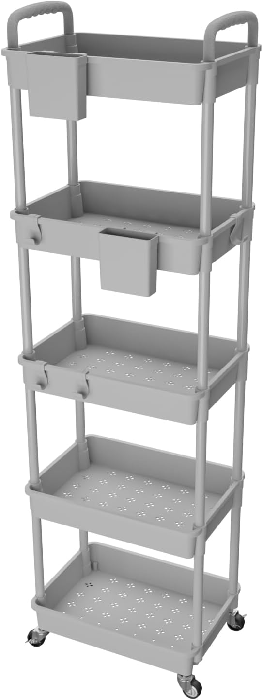 5 Tier Rolling Utility Cart with Handle,REBECAT Utility Cart Made of Multifunctional Storage Organizer Tool for Kitchen,Bathroom,Living Room,Office(Gray) by REBECAT