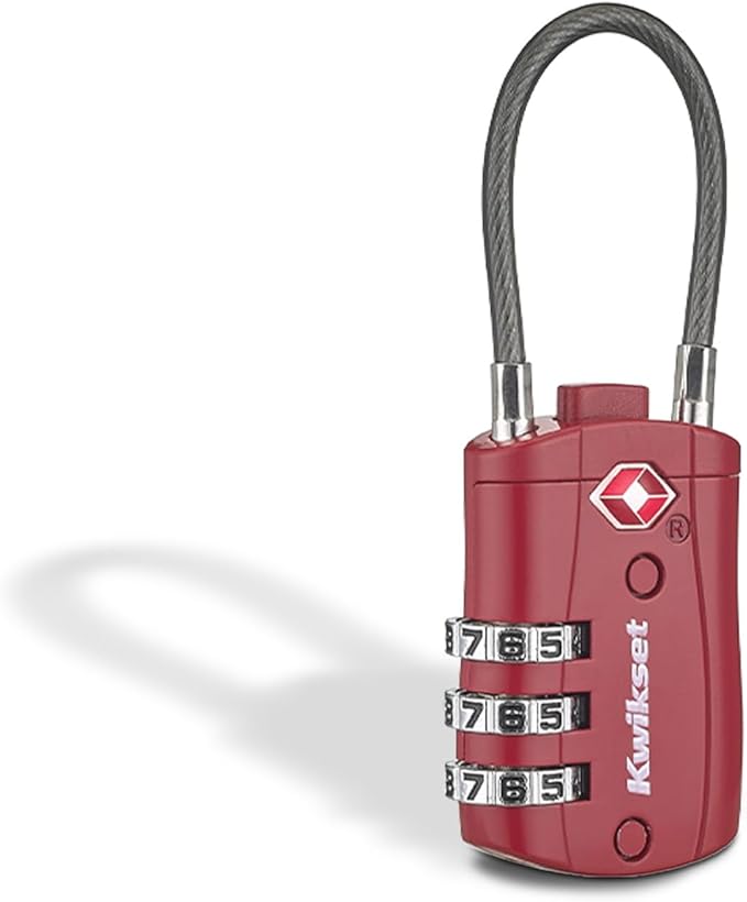 Kwikset TSA Approved Combination Luggage Lock with Cable, 1-Pack, Red | Flexible Cable Shackle Threads Through Zipper Pulls and Duffel Handles; 1-3/16 in Body, Resettable Code by Unknown
