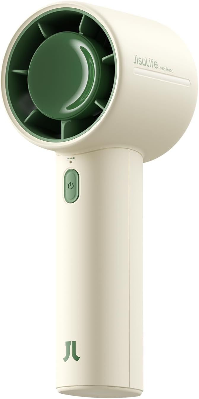 JISULIFE Handheld Turbo Fan, 4000mAh Rechargeable, 5-Speed - Beige | 22H Max Runtime, Powerful Airflow, Ultra-Quiet, with Neck Strap & Stickers Included, Gift for Women, Men & Kids by LivechillStaycool
