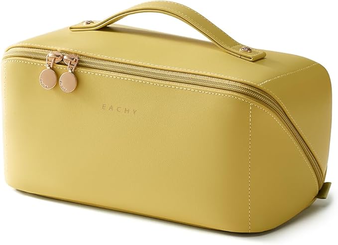 EACHY Travel Makeup Bag for Women, Flat Open Cosmetic Bag, Green, Large | PU leather organizer with flat-open access, storage pockets and clear TPU brush compartment for daily makeup and toiletries by EACHY