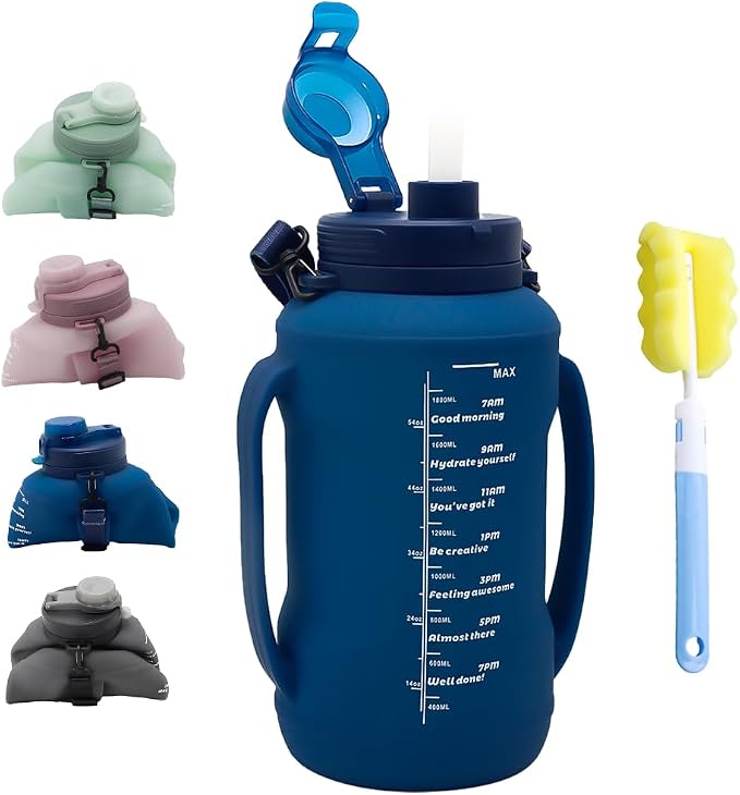64oz Foldable Water Kettle - Straw & Motivational Time Marker, Half Gallon Silicone Reusable Bottle for Airport Travel, Outdoor Adventures & Home/Office (Blue) by Unknown