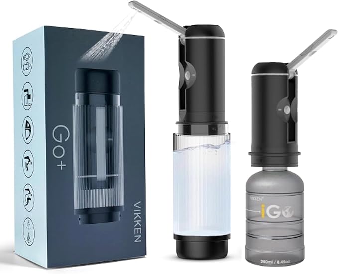 VIKKEN® Go+ Portable Travel Bidet Rechargeable, 300ml+250ml Classic | Handheld personal hygiene water jet, men and women; 3 pressure modes, long-press stop; 2 bottles, carry bag by VIKKEN