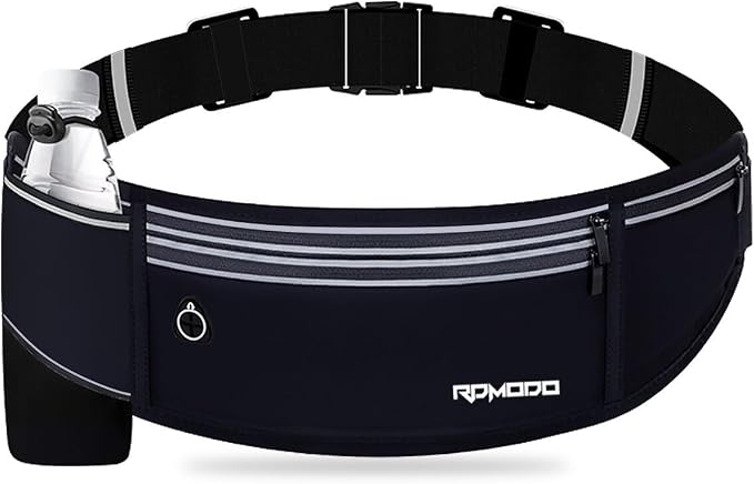 Running Belt with Foldable Water Bottle Holder for Women Men, Black | Slim Fanny Pack, Water Resistant, Running Phone Holder for Workout, Adjustable & No Bounce Waist Bag for iPhone 17 16 Samsung by RDMODO