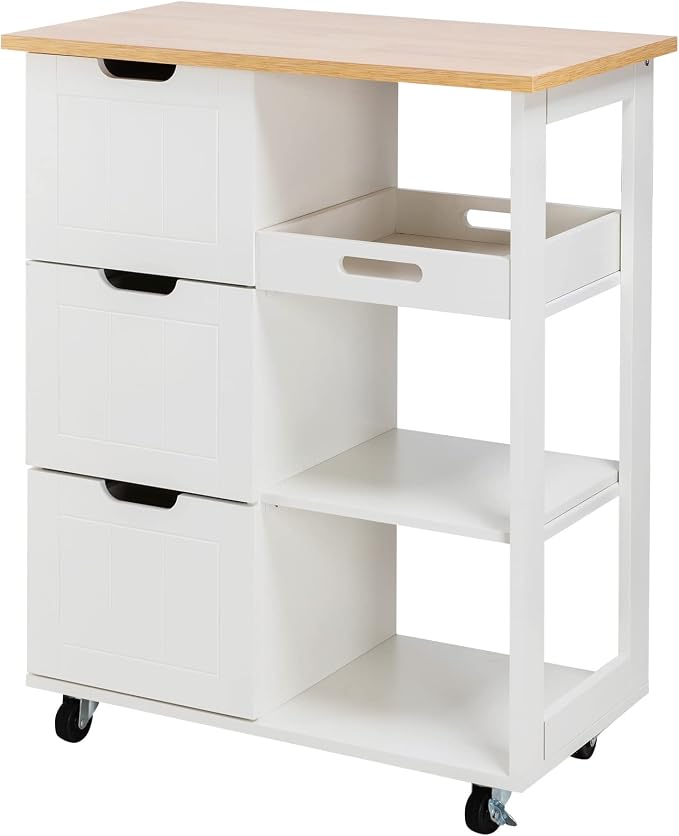 Shintenchi Kitchen Island Cart with Storage,Rolling Kitchen Island Storage Cabinet,Side Table on Wheels with Worktop,3 Open Shelves and 3 Drawers for Kitchen,Dinning Room, White - Image 7