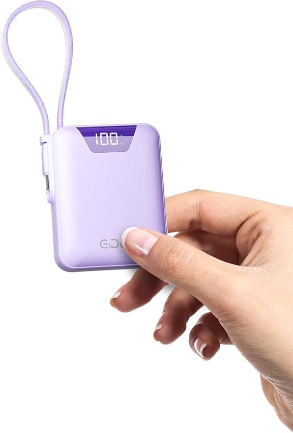 M1 Mini Portable Charger, 10000mAh Ultra-Compact Power Bank, 22.5W PD Fast Charging, Tpye-C Built-in Cable, Small External Battery Pack for iPhone, Samsung, Android iPad (Purple) by Gidues-PowerYouCanTrust