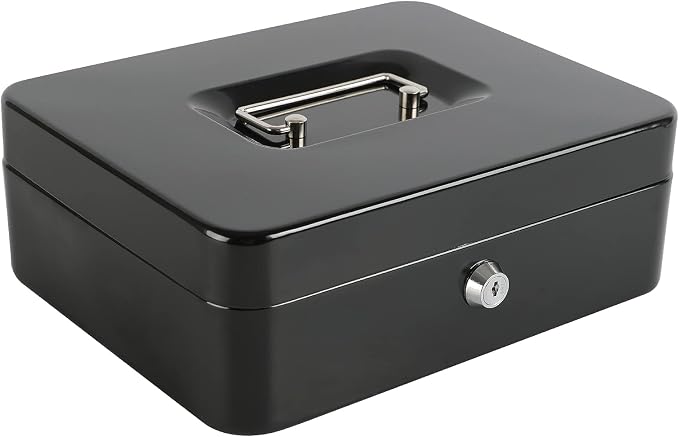 xydled Large Cash Box with Lock, Removable Coin Tray, Steel Money Box, Black - Image 5